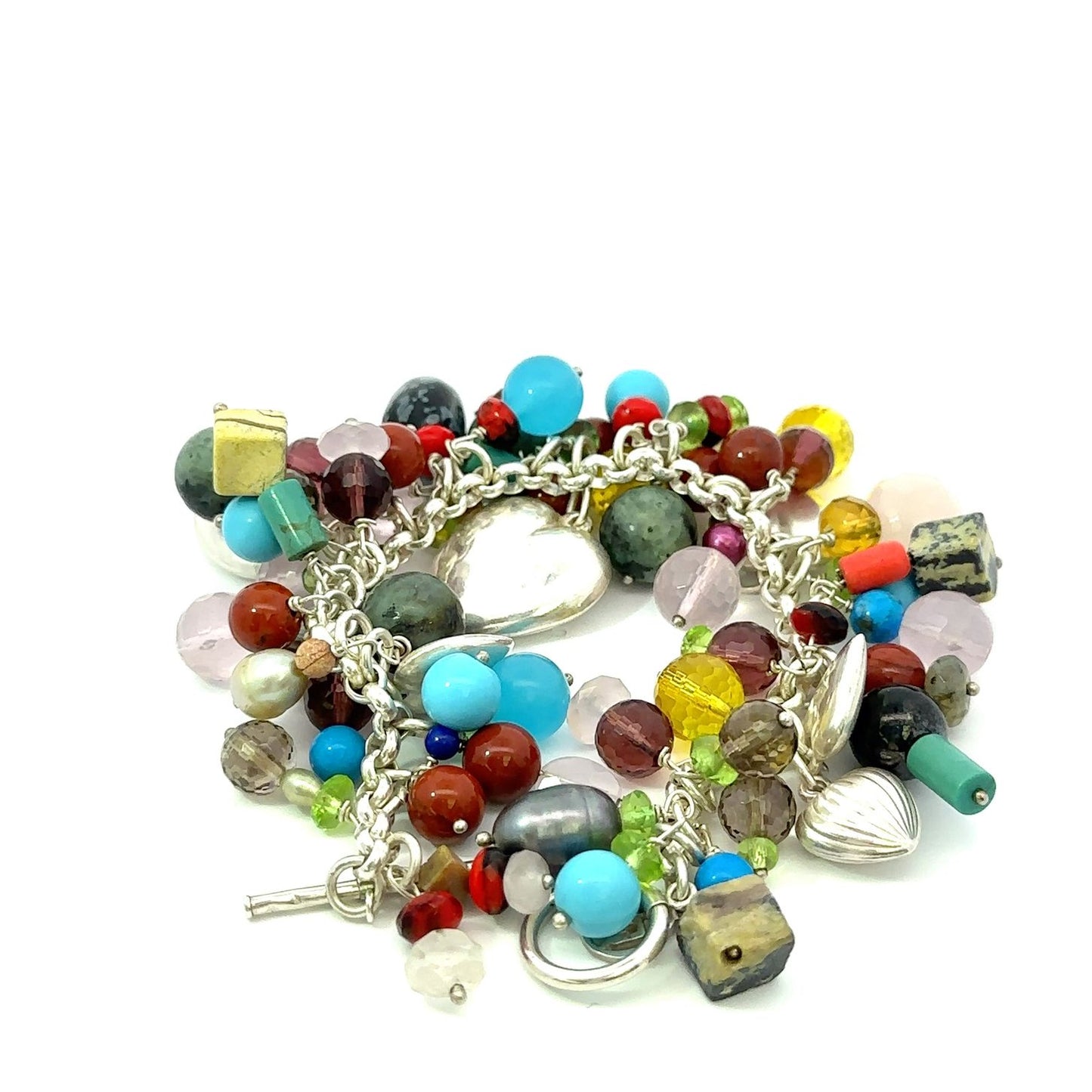 Sterling 925 silver hearts and charms bracelet