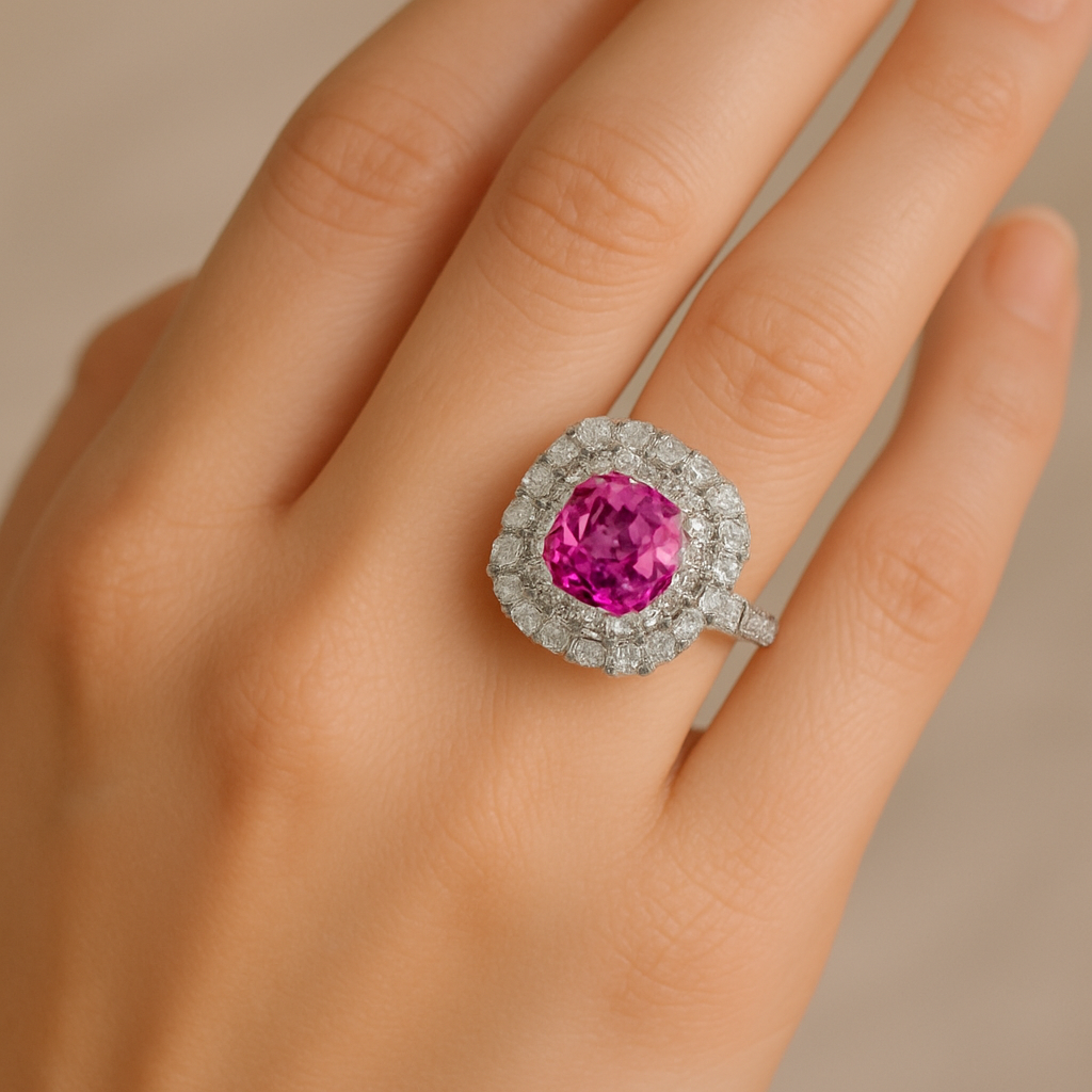 Pink garnet double halo ring