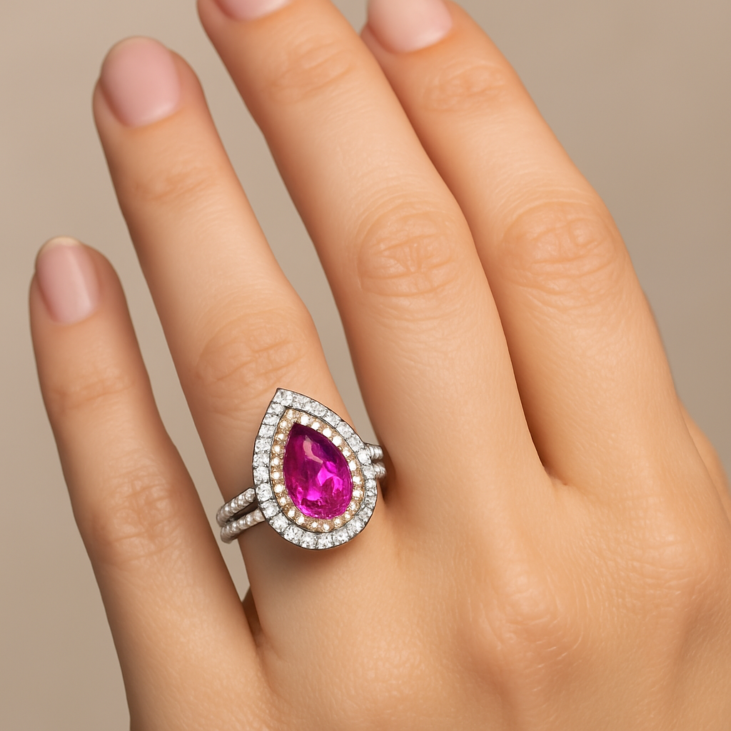 Pear-shape pink sapphire double halo ring