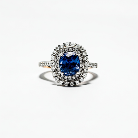 Blue sapphire cushion cut diamond ring