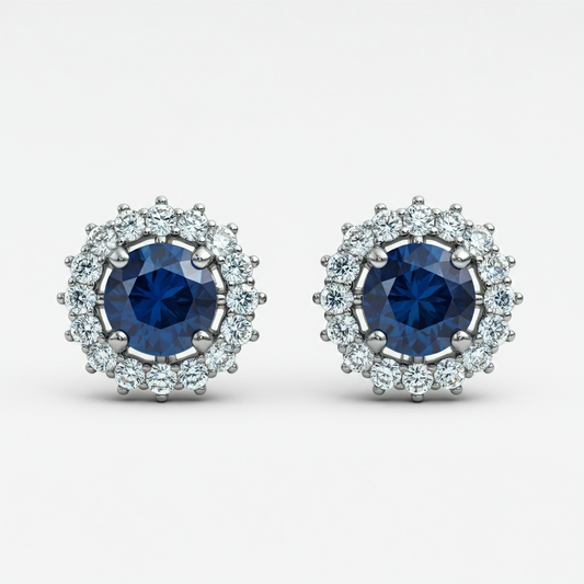 Blue sapphire halo diamond studs