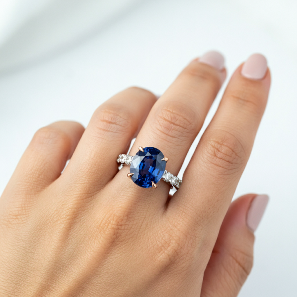 Oval-cut blue sapphire diamond ring