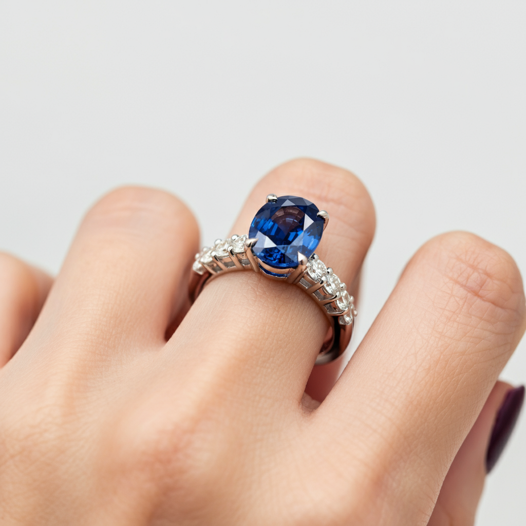Oval-cut blue sapphire diamond ring