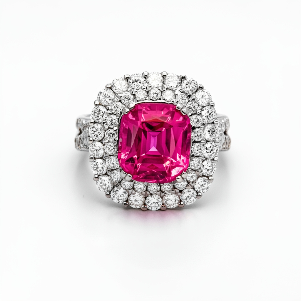 Pink garnet double halo ring