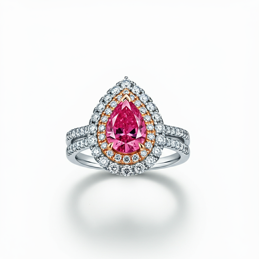 Pear-shape pink sapphire double halo ring