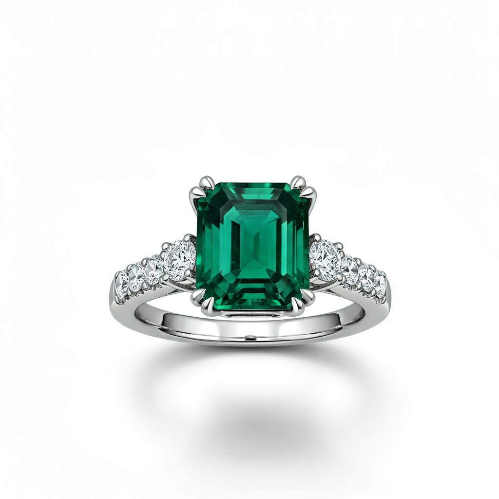 Emerald-cut emerald diamond ring