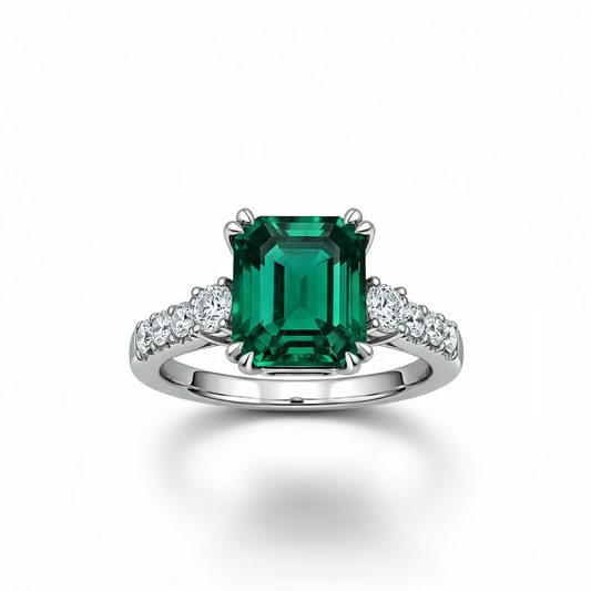 Emerald-cut emerald diamond ring