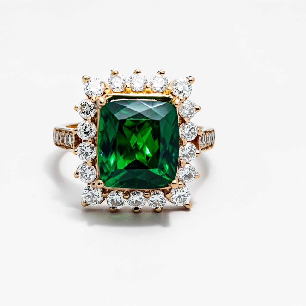 Cushion-cut emerald halo diamond ring