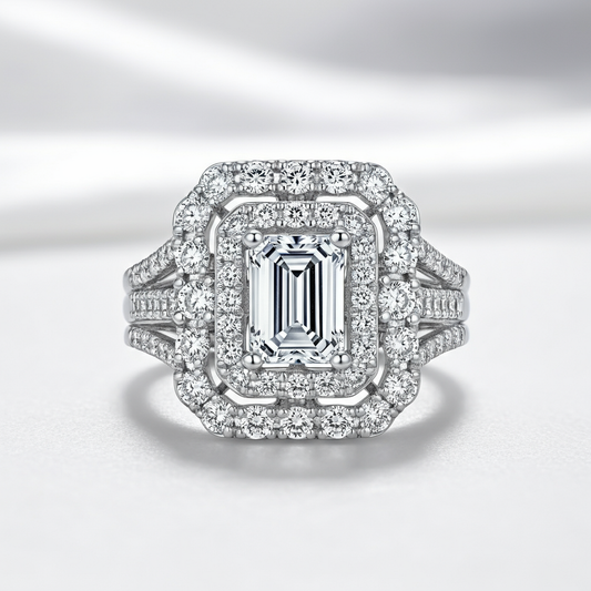 Double halo emerald cut diamond ring