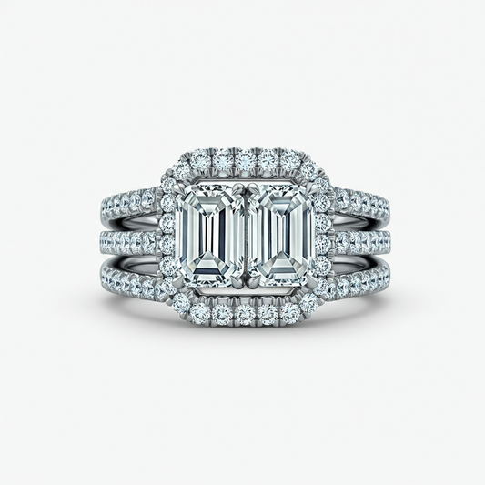 Side by side emerald cut diamond ring
