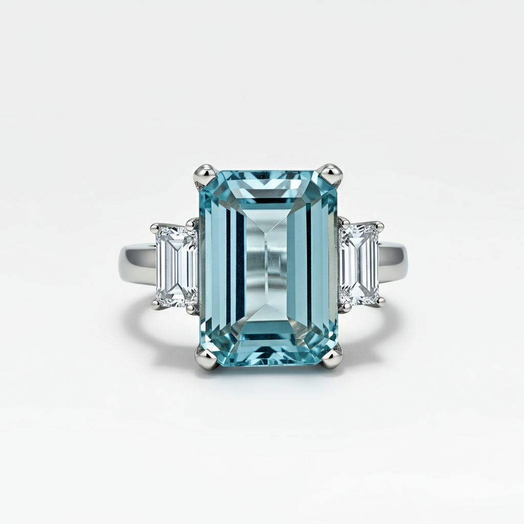 Aquamarine trapezoid diamonds ring