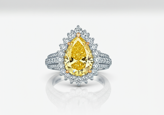Pear-shape fancy yellow double halo ring