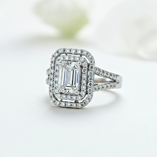 Emerald cut double halo ring