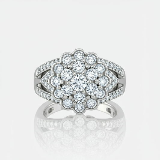 Radiant flower cluster diamond ring