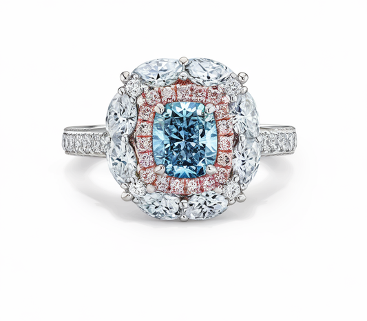Blue diamond halo ring