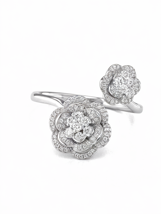 Double cluster flower diamond ring