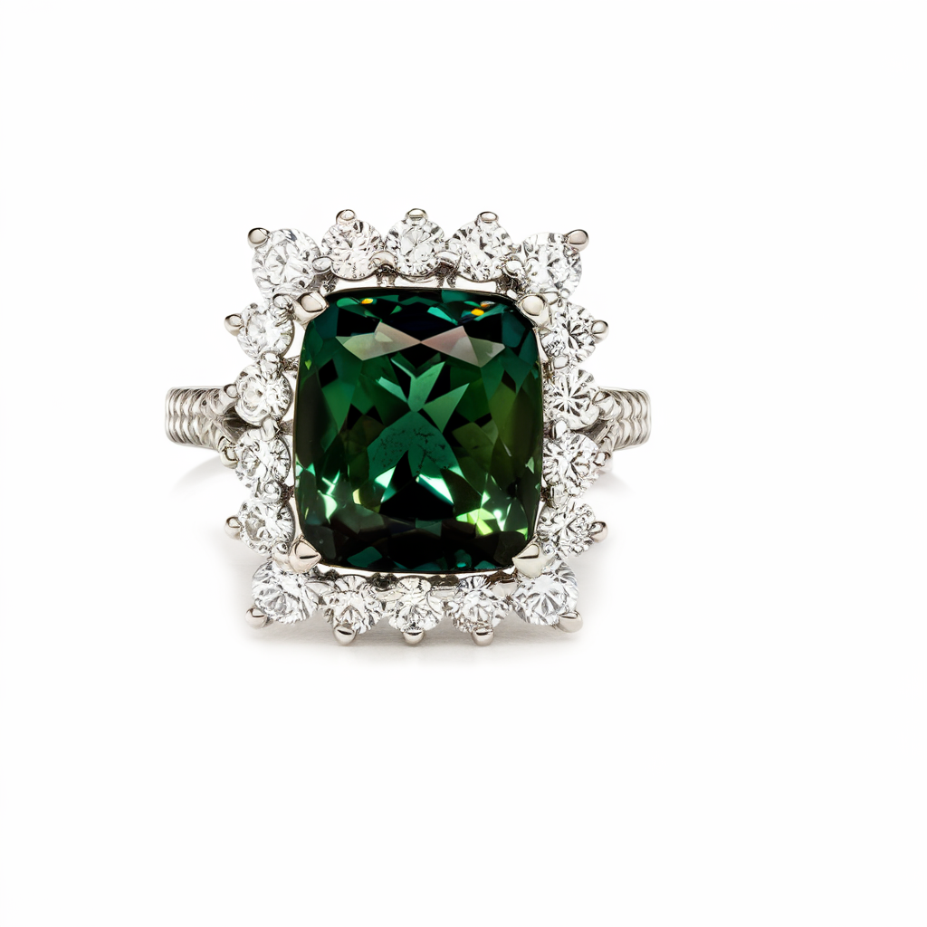 Cushion-cut emerald halo diamond ring