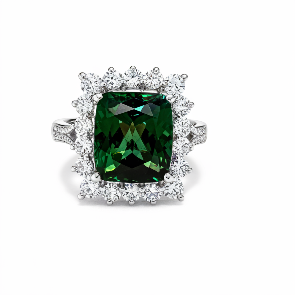 Cushion-cut emerald halo diamond ring