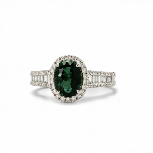 Oval green tourmaline diamonds ring