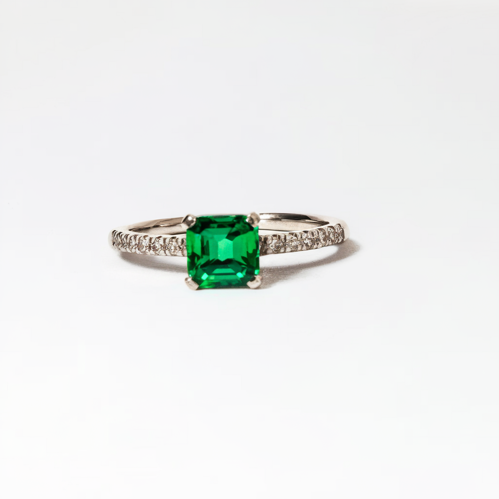 Square-cut green tourmaline solitaire ring