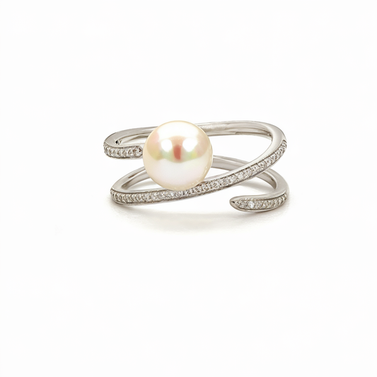 White gold diamond pearl wrap ring