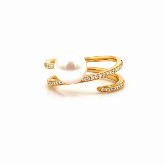 Yellow gold diamond pearl wrap ring