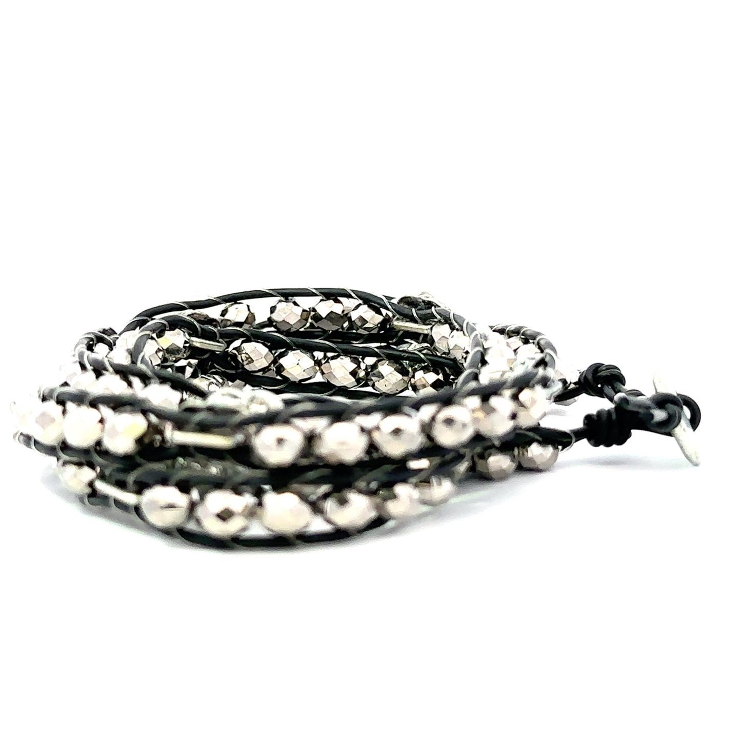 Silver crystals beads with leather wrap bracelet